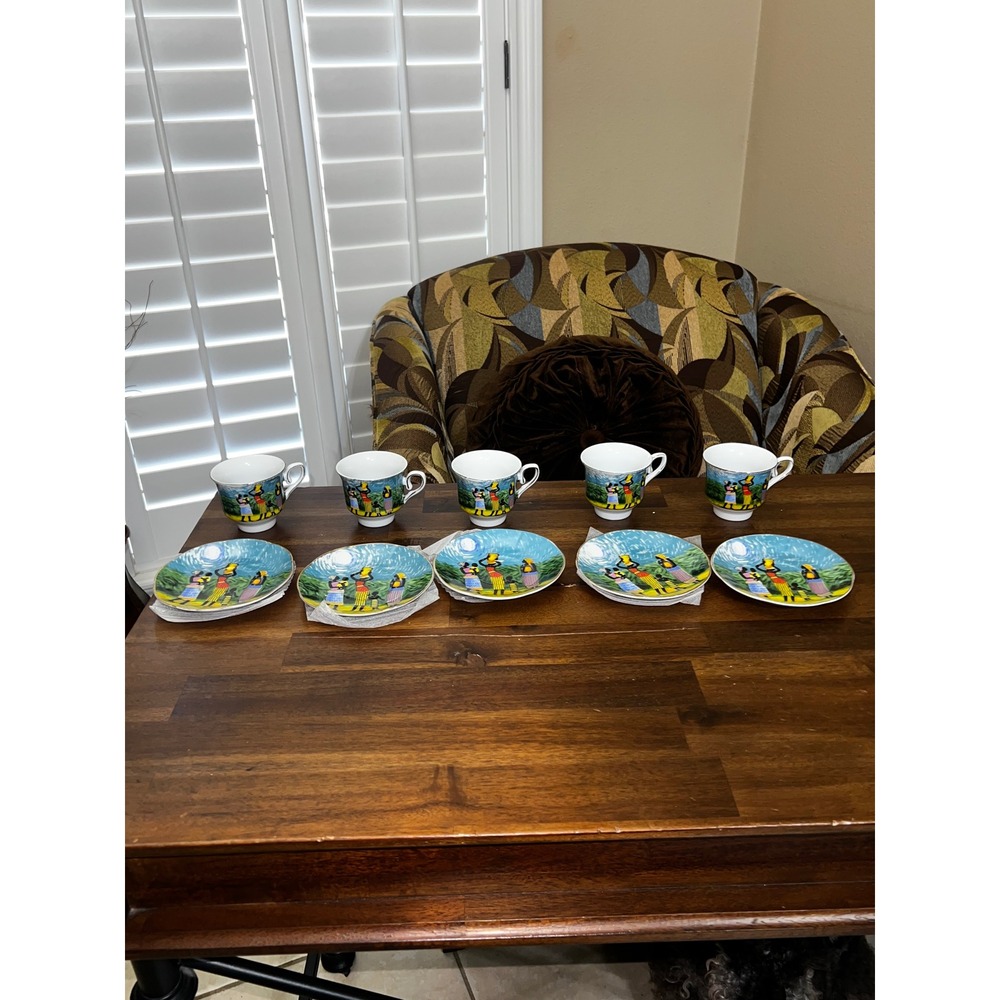 African Tribal Village Scene Cup & Saucer Sets - Porcelain Teacups